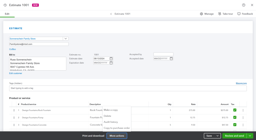 Screenshot of Invoice Page in QuickBooks Online